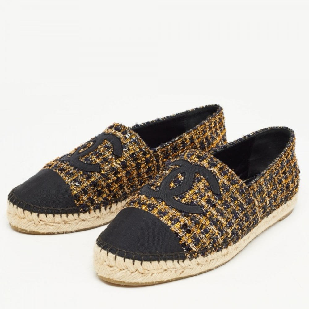 CHANEL Black and Gold Tweed Espadrilles
